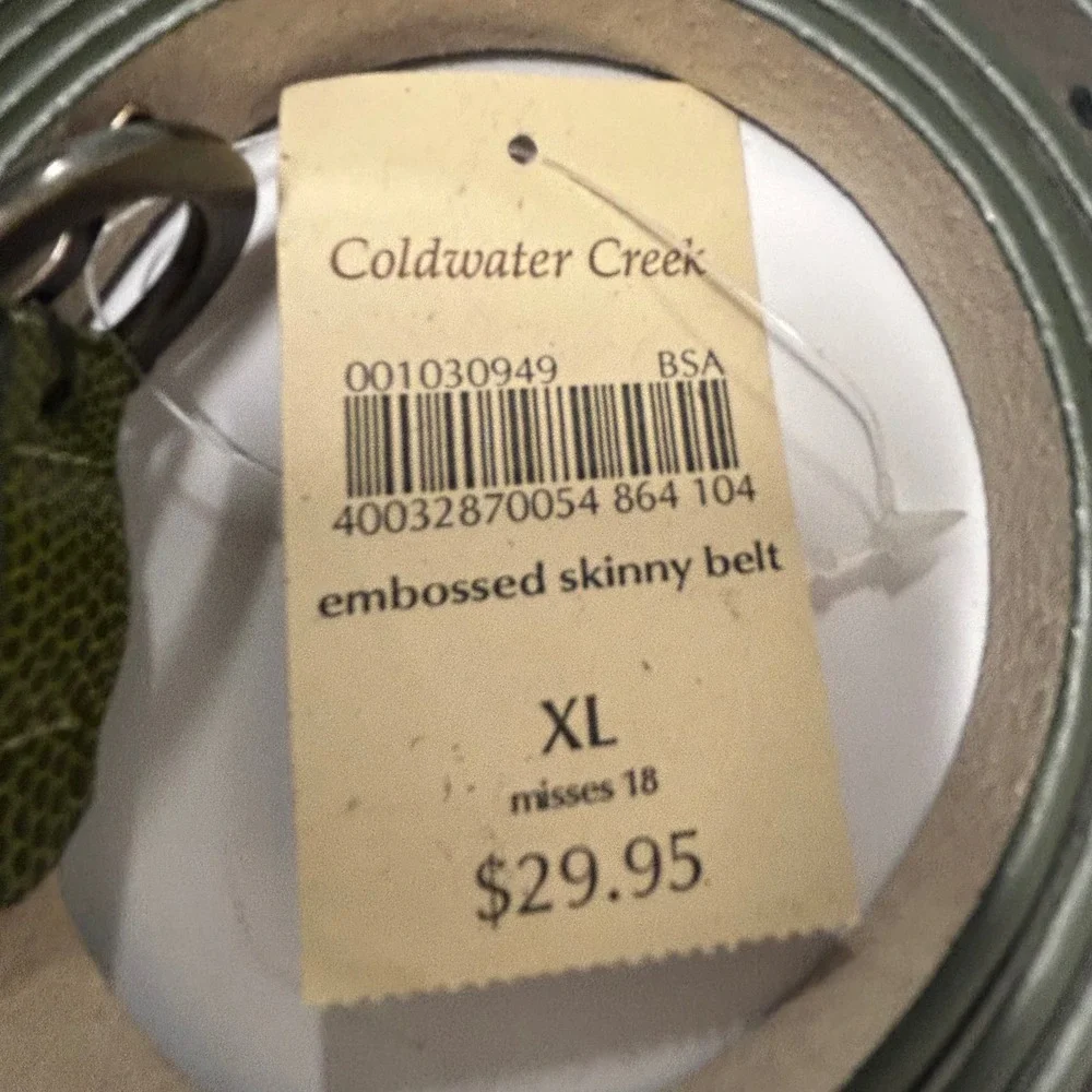 Coldwater Creek Green Embossed Snakeskin Skinny Belt XL Misses 18 New